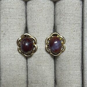 Gold and Red Floral Cabochon Costume Earrings with Screw on Backs